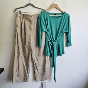 Loft Khaki Wide-Leg Pants 4P & Ann Taylor Teal Long Sleeve Tie Front Top